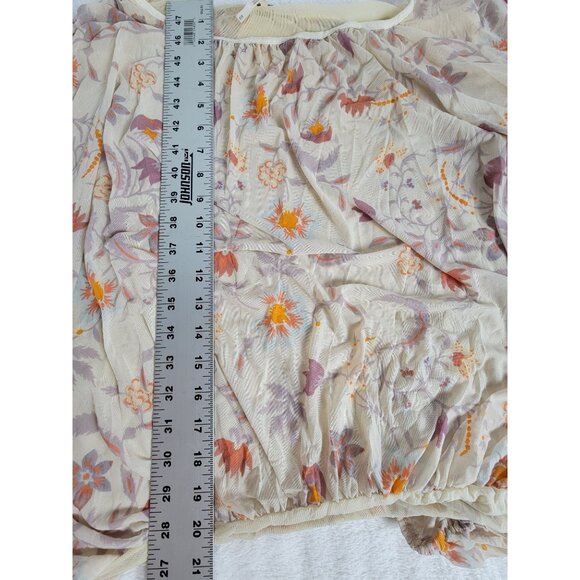 Free People Womens Floral Print Sheer Peasant Blouse Medium Beige Orange Boho - Picture 9 of 9